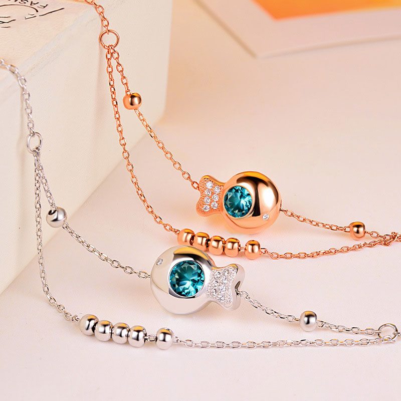 Lắc chân bạc nữ đính hạt bi hình cá nhỏ